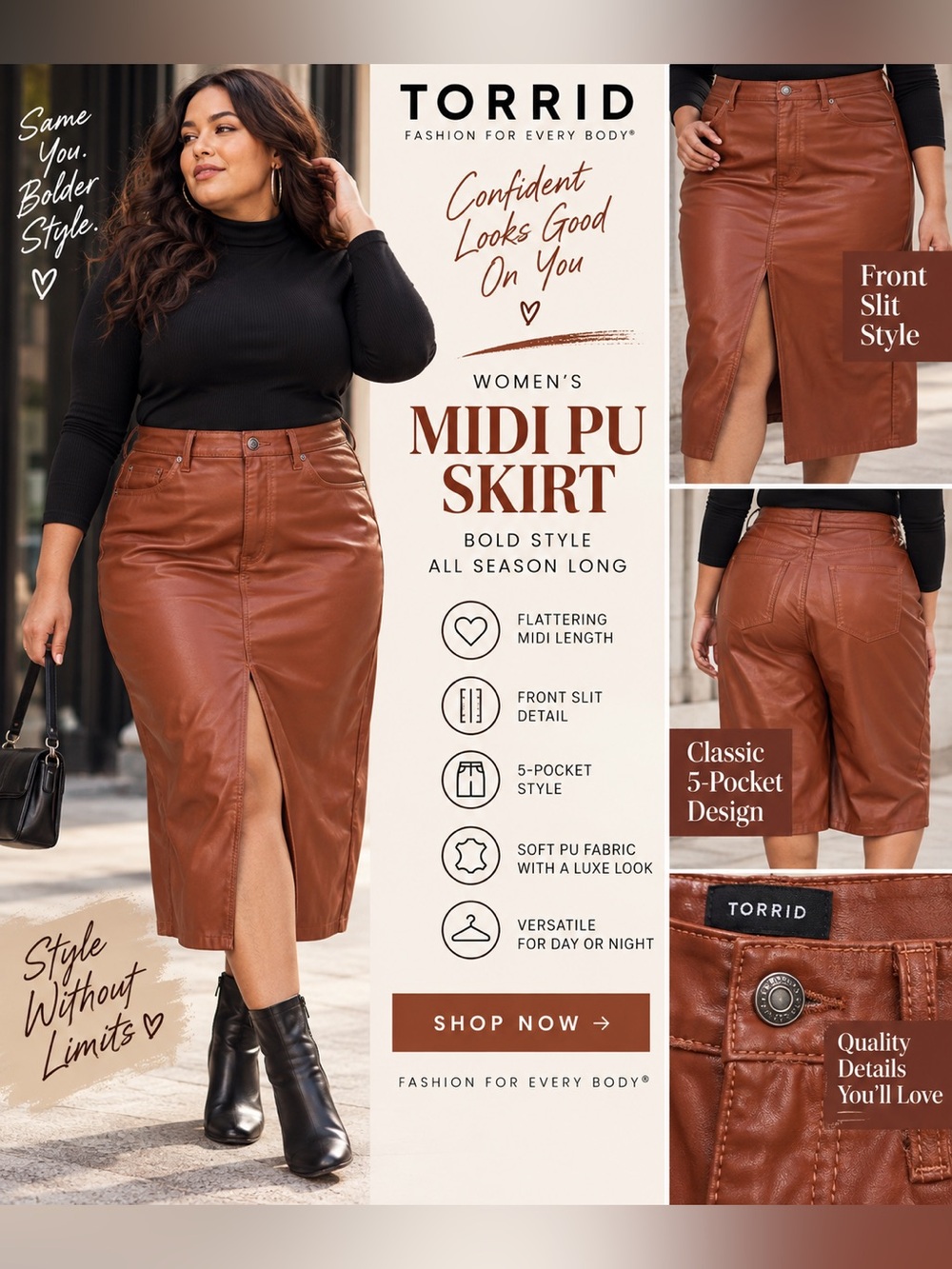 Torrid Women's Midi PU Skirt in Brown - Front Slit, 5-Pocket size 16